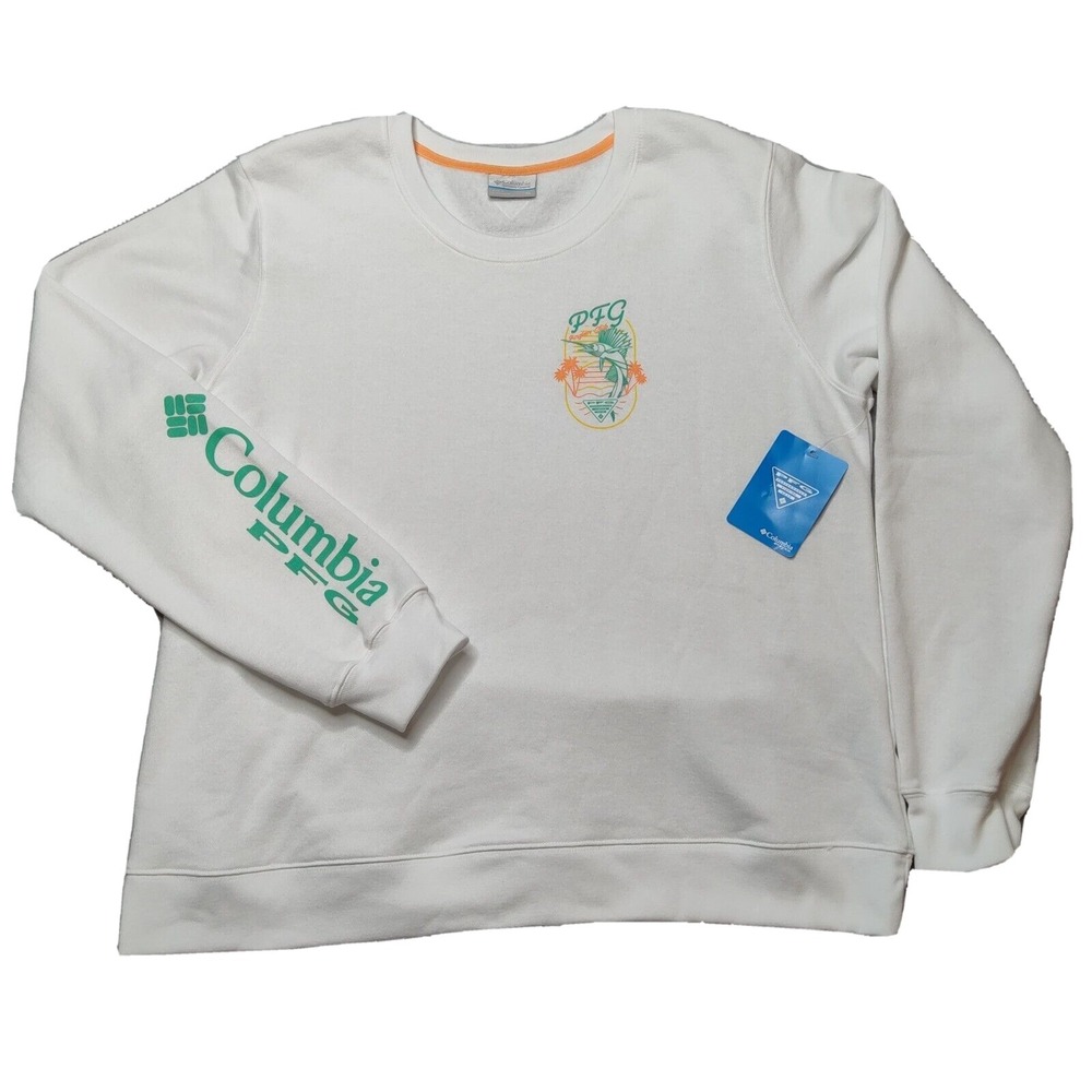 COLUMBIA PFG Anglers Club Women XL Slack Water White Crewneck Sweatshirt NEW